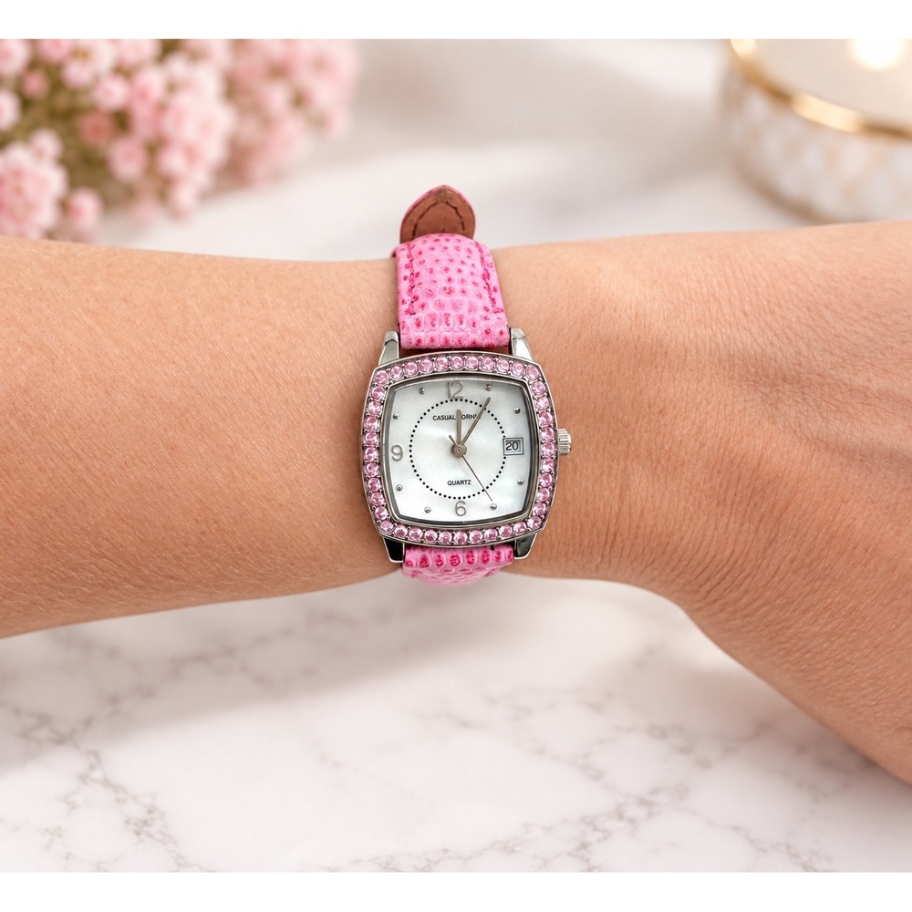 Vintage Women's Watch Square Mother of Pearl Pink Leather Western New Battery